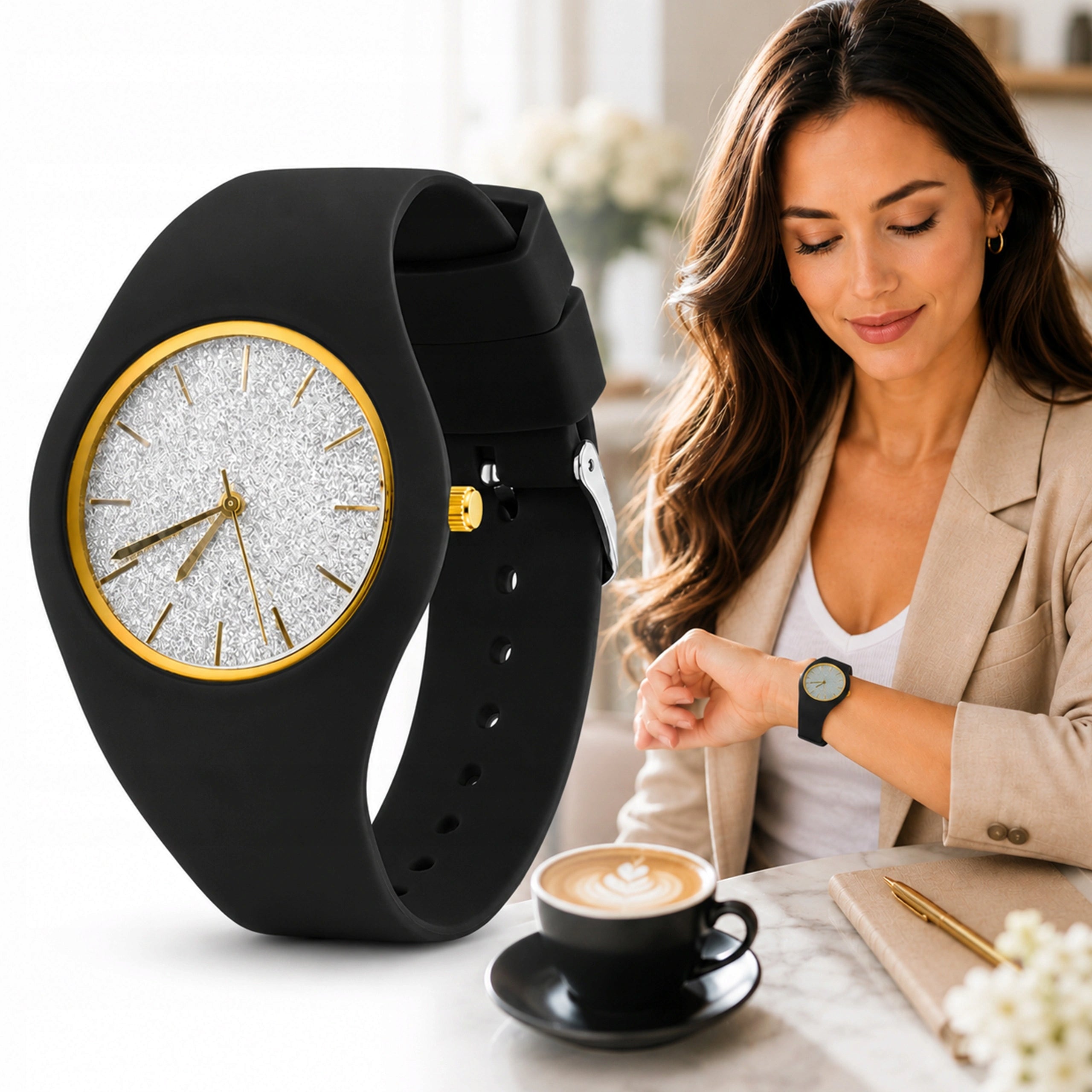 FASHIONABLE BLACK WOMEN'S WATCH CLASSIC SILICONE ELEGANT QUARTZ KURREN