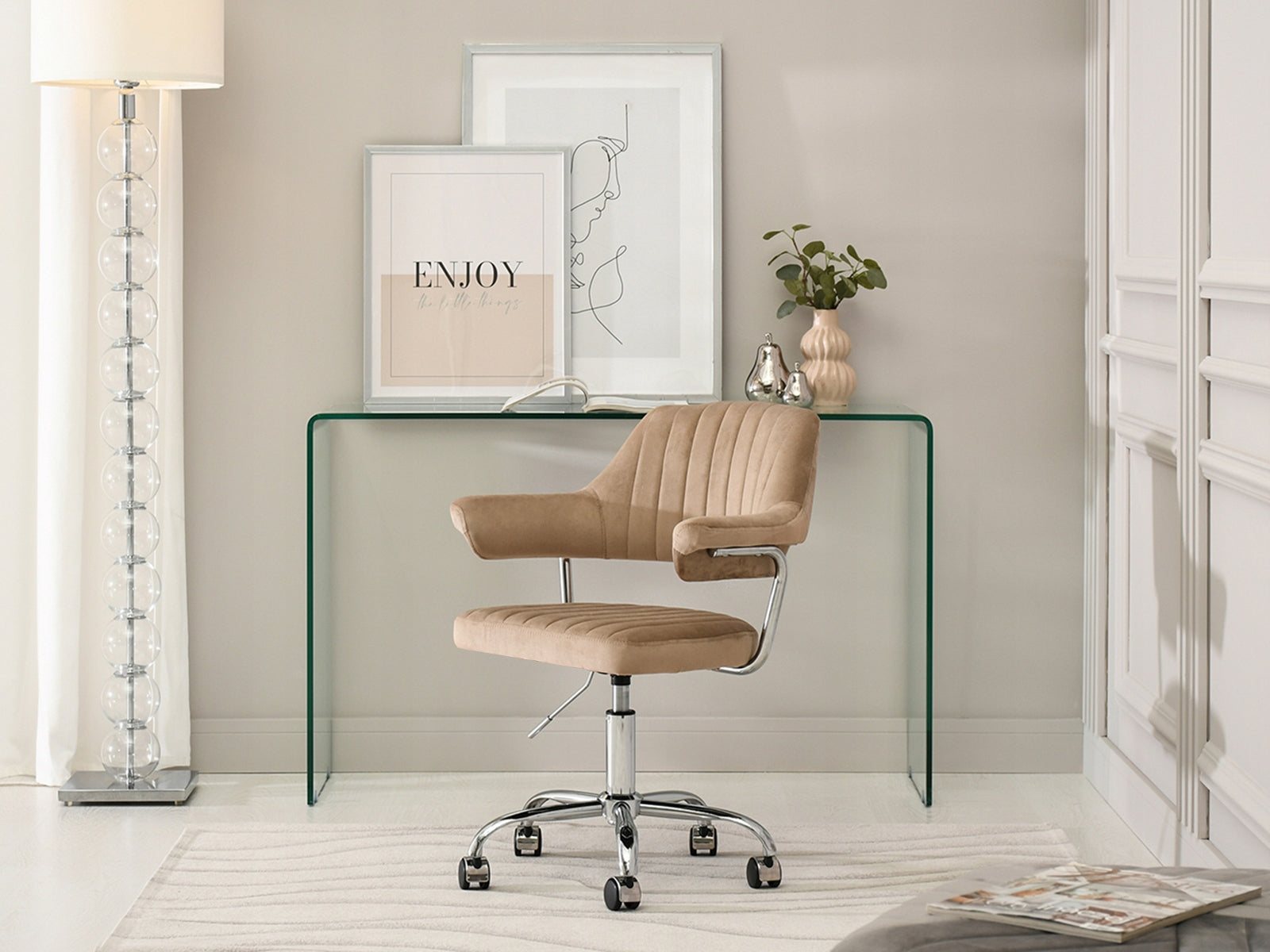 FASHIONABLE DESK CHAIR DRESSING TABLE MERLIN UPHOLSTERED BEIGE VELOUR PODST CHROME Brand Mebel-Partner