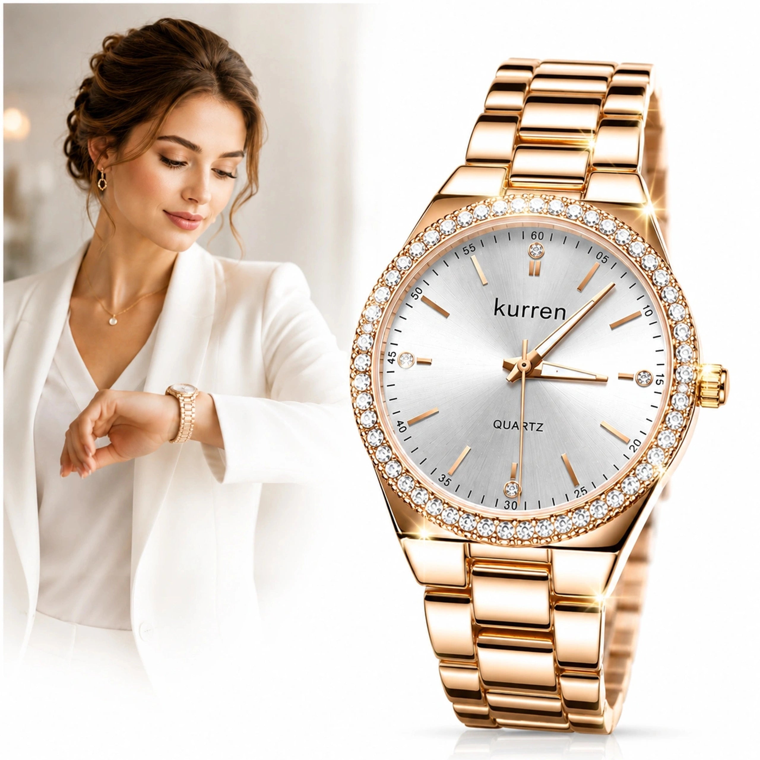 FASHIONABLE ELEGANT GOLD WATCH DAMSI KURREN ZIRCON QUARTZ BRACELET
