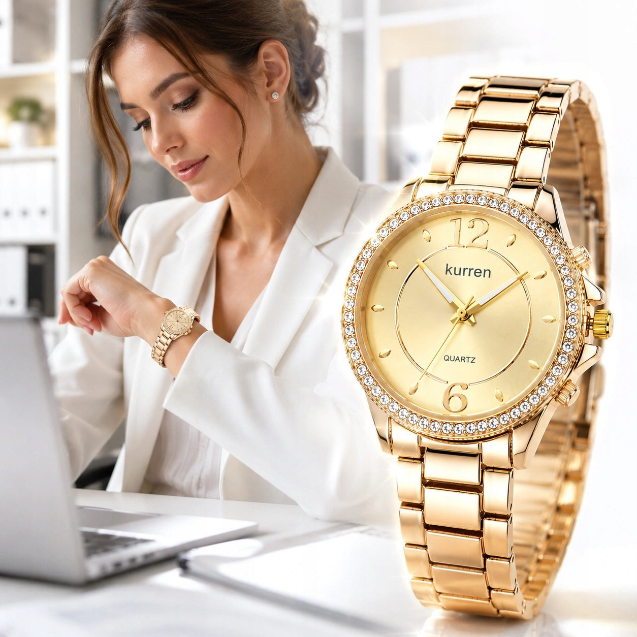 FASHIONABLE ELEGANT GOLD WATCH WOMEN'S BRACELET ZIRCONIUM KURREN 39MM 3AMT Brand Kurren