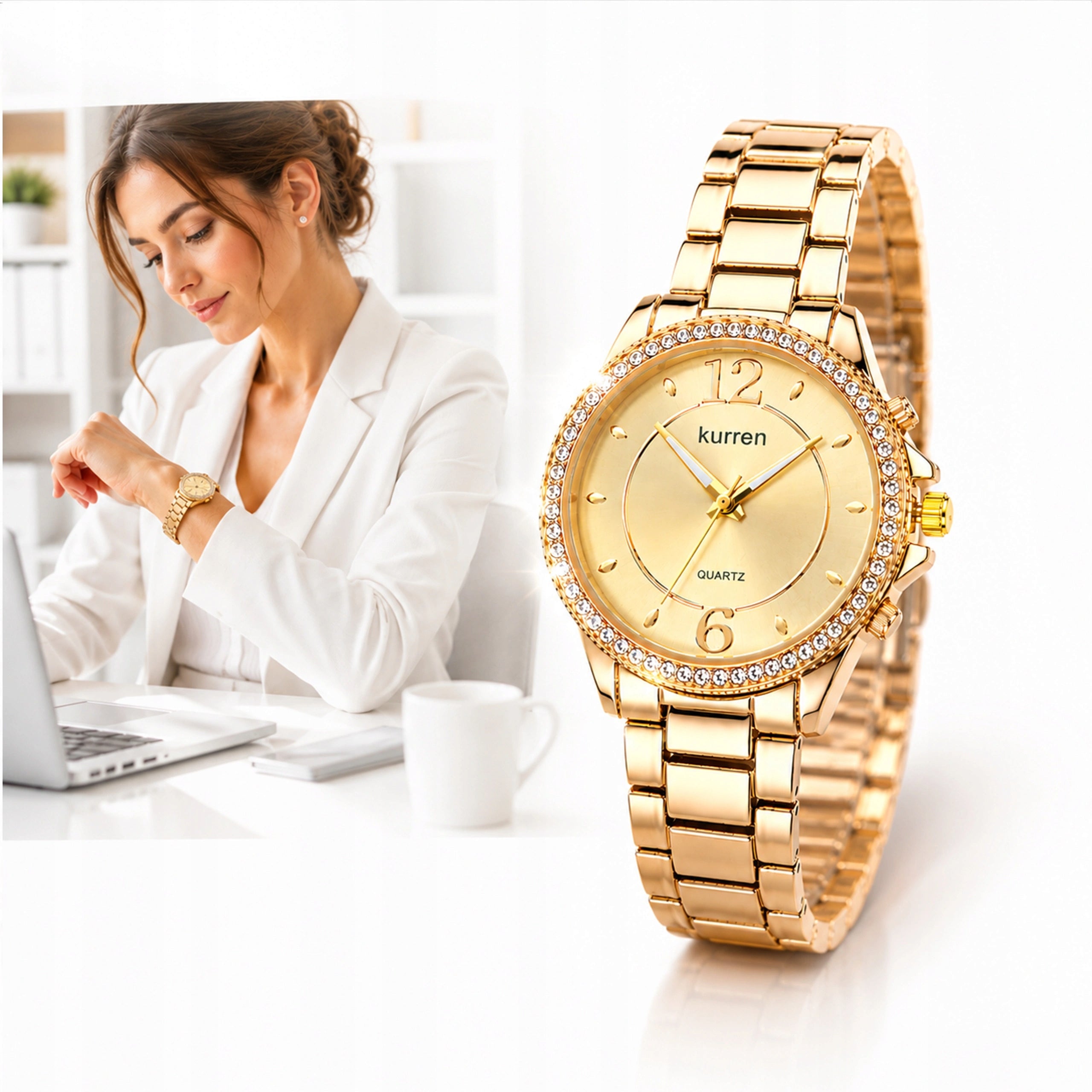 FASHIONABLE ELEGANT GOLD WATCH WOMEN'S BRACELET ZIRCONIUM KURREN 39MM 3AMT