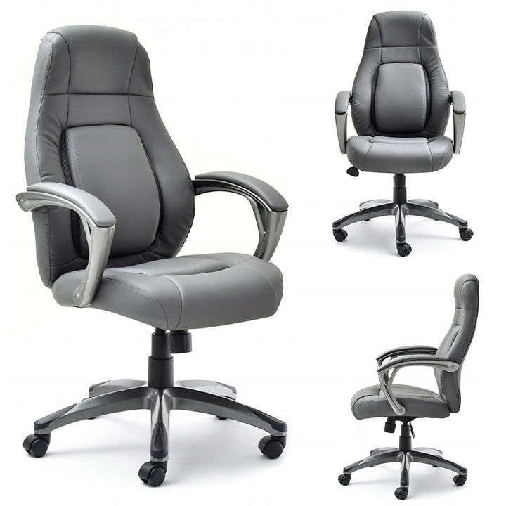 FASHIONABLE GREY LEATHER OFFICE CHAIR WITH CONTOURED BACKREST FOR OFFICE DEKER