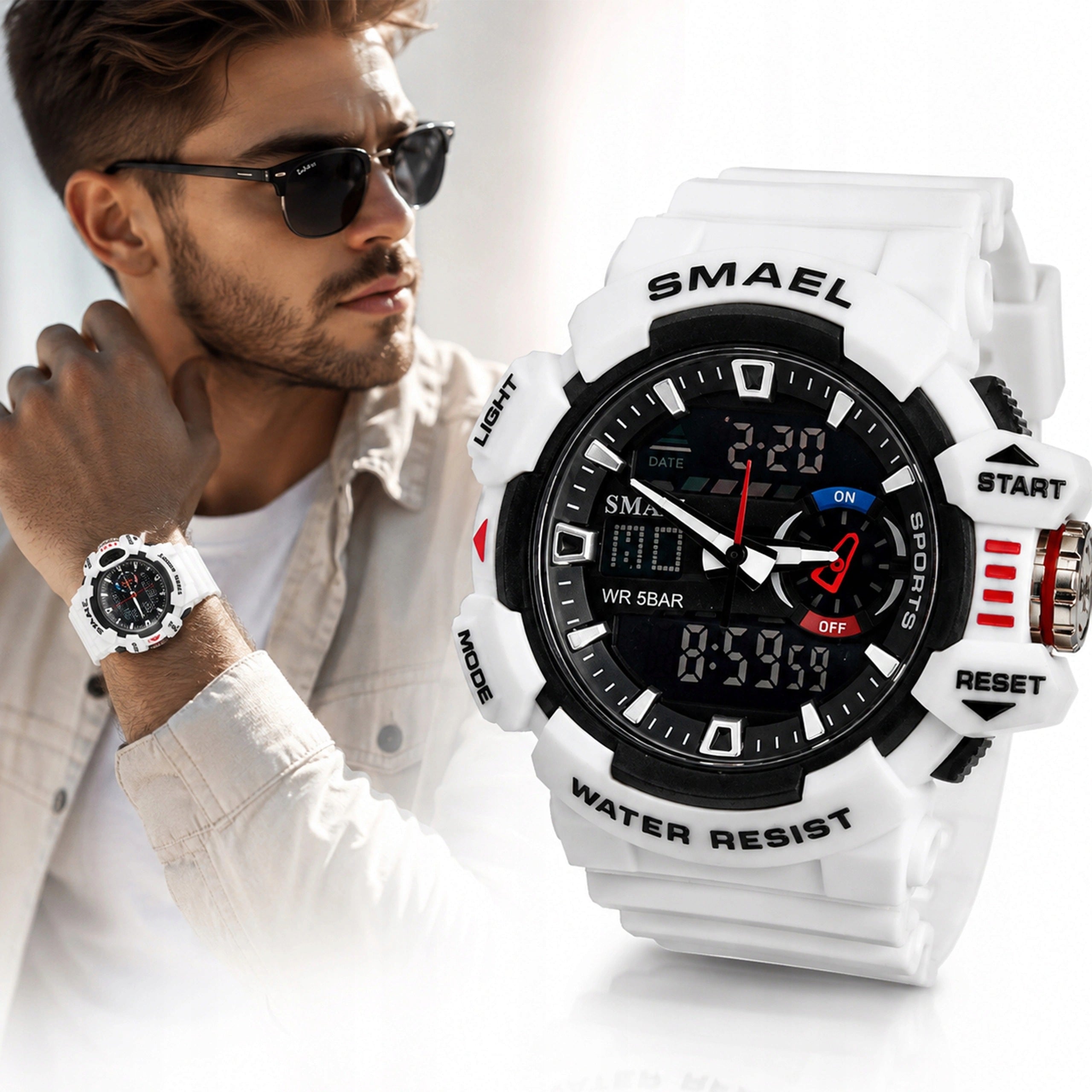 FASHIONABLE WHITE MEN'S SPORTS WATCH SMAEL STOPWATCH ALARM CLOCK STRONG WATERPROOF