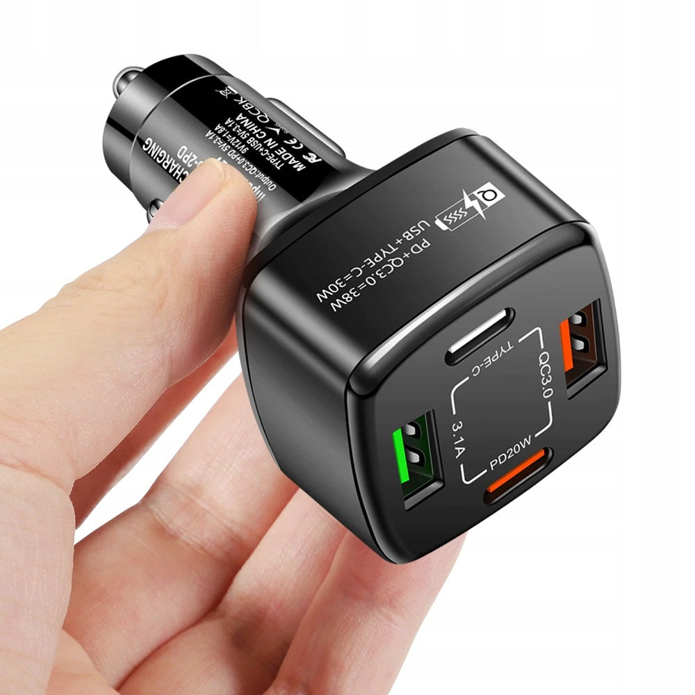 FAST CAR CHARGER FOR PHONE CABLE 4in1 USB-C LIGHTNING USB QC Manufacturer code ŁADOWARKA SAMOCHODOWA DO TELEFONU