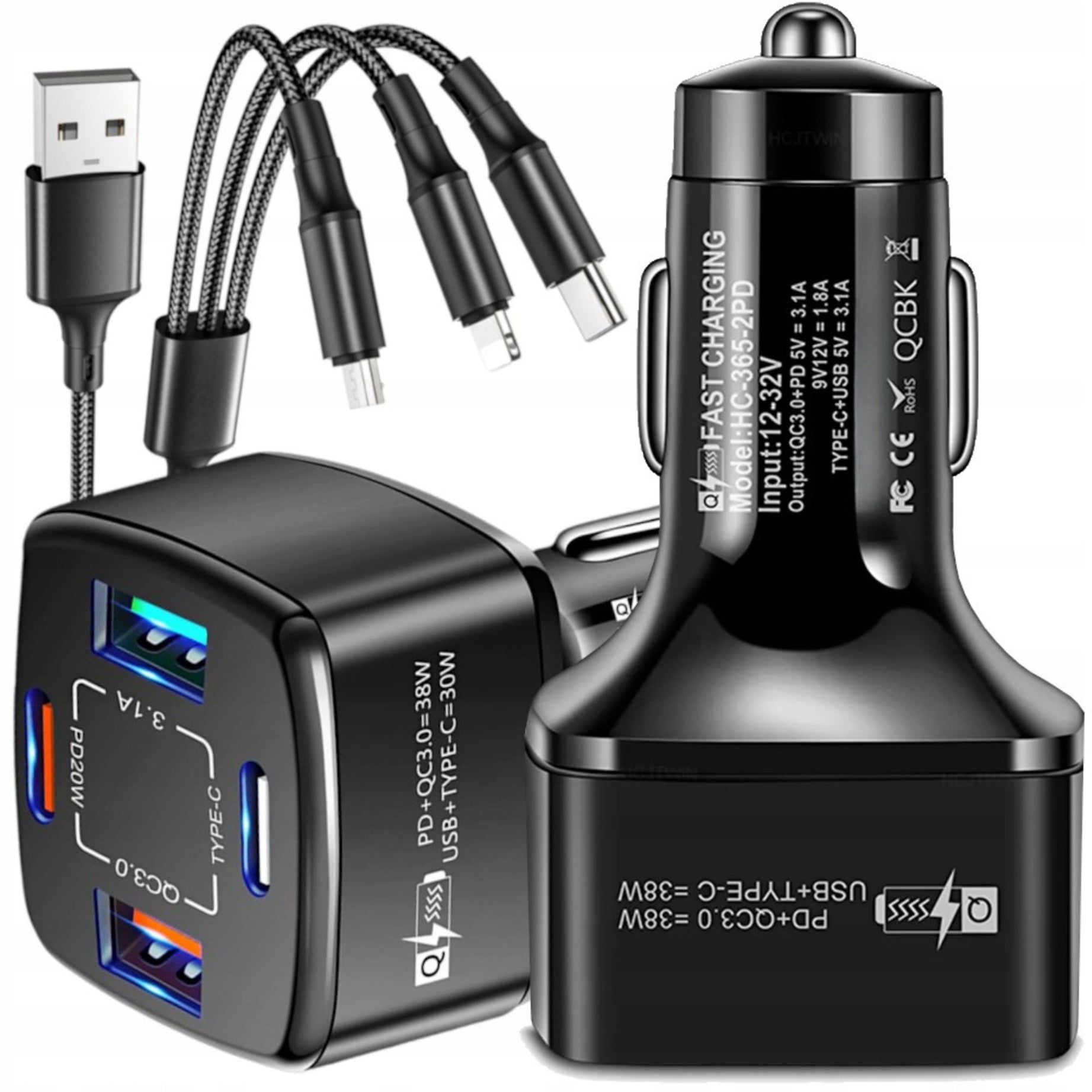 FAST CAR CHARGER FOR PHONE CABLE 4in1 USB-C LIGHTNING USB QC