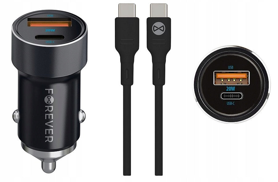FAST CAR CHARGER + POWER ADAPTER CABLE FOR CAR USB-C USB-A 20W MAX