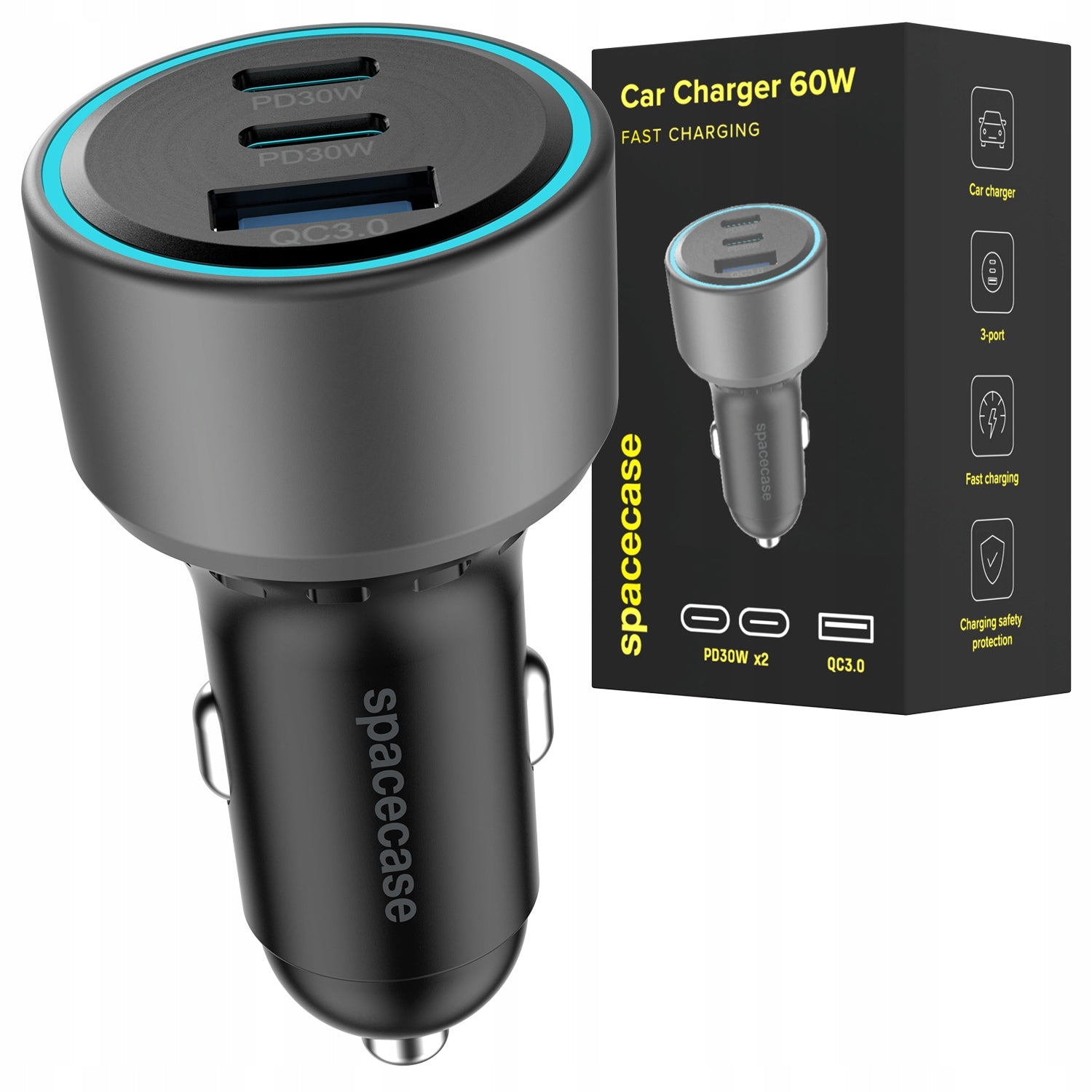 FAST CAR CHARGER USB 2X USB-C TYPE C PD QC 3.0 PPS 12V/24V 60W