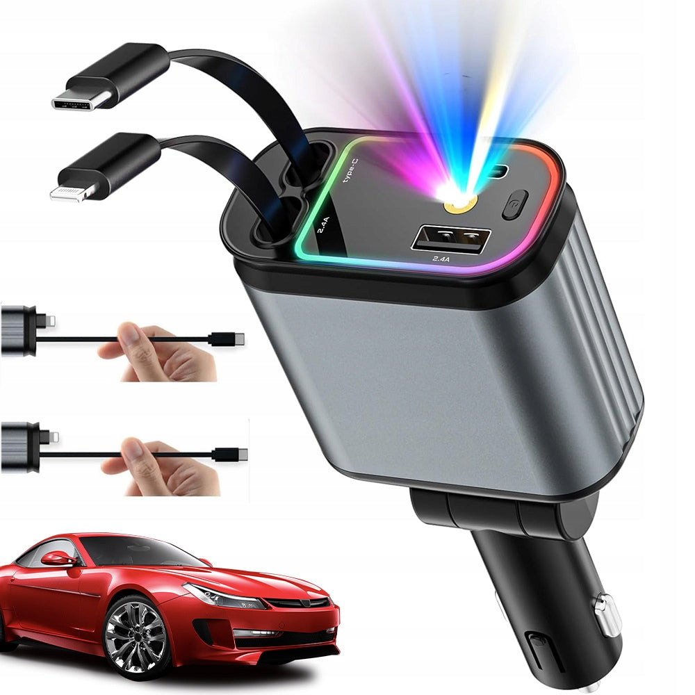 FAST CAR CHARGER USB TYPE-C 4IN1 PD QC 3.0 66W 70CM WITH LIGHT