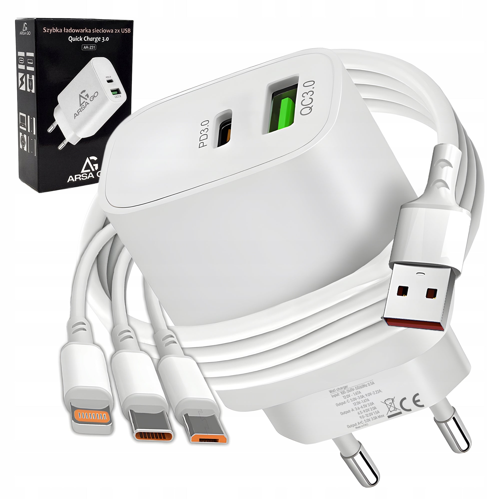 FAST PHONE CHARGER 20W 3000mA USB AND USB-C + 3in1 CABLE FOR IPHONE
