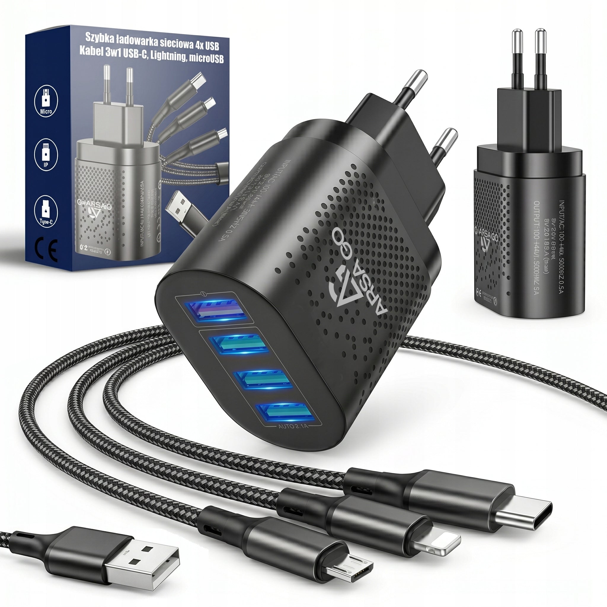 FAST PHONE CHARGER CUBE 4X USB FAST CHARGING AND 3IN1 CABLE