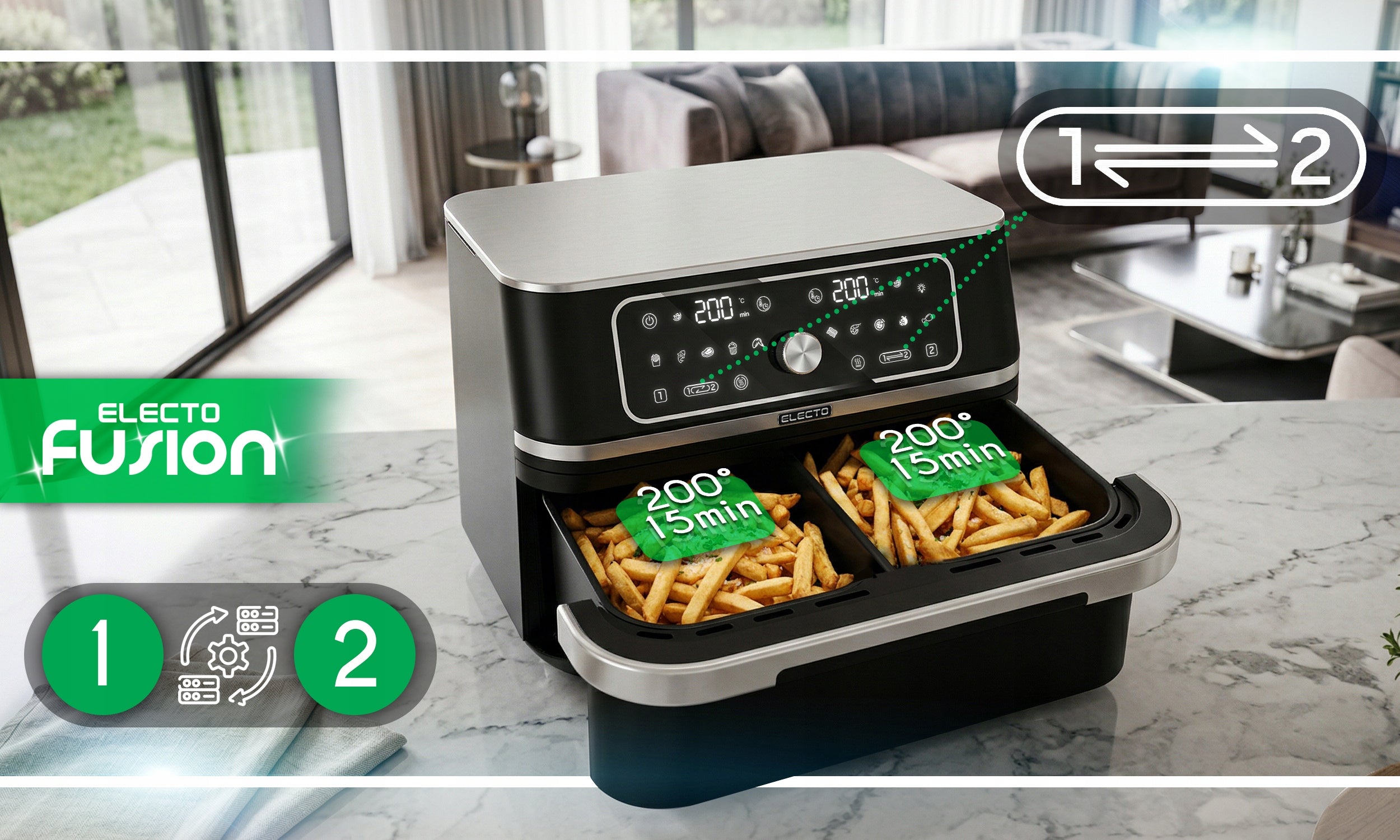 FAT FREE AIR FRYER 3100w FRYER LARGE 10L 12 PROGRAMS Bowl volume 10 l