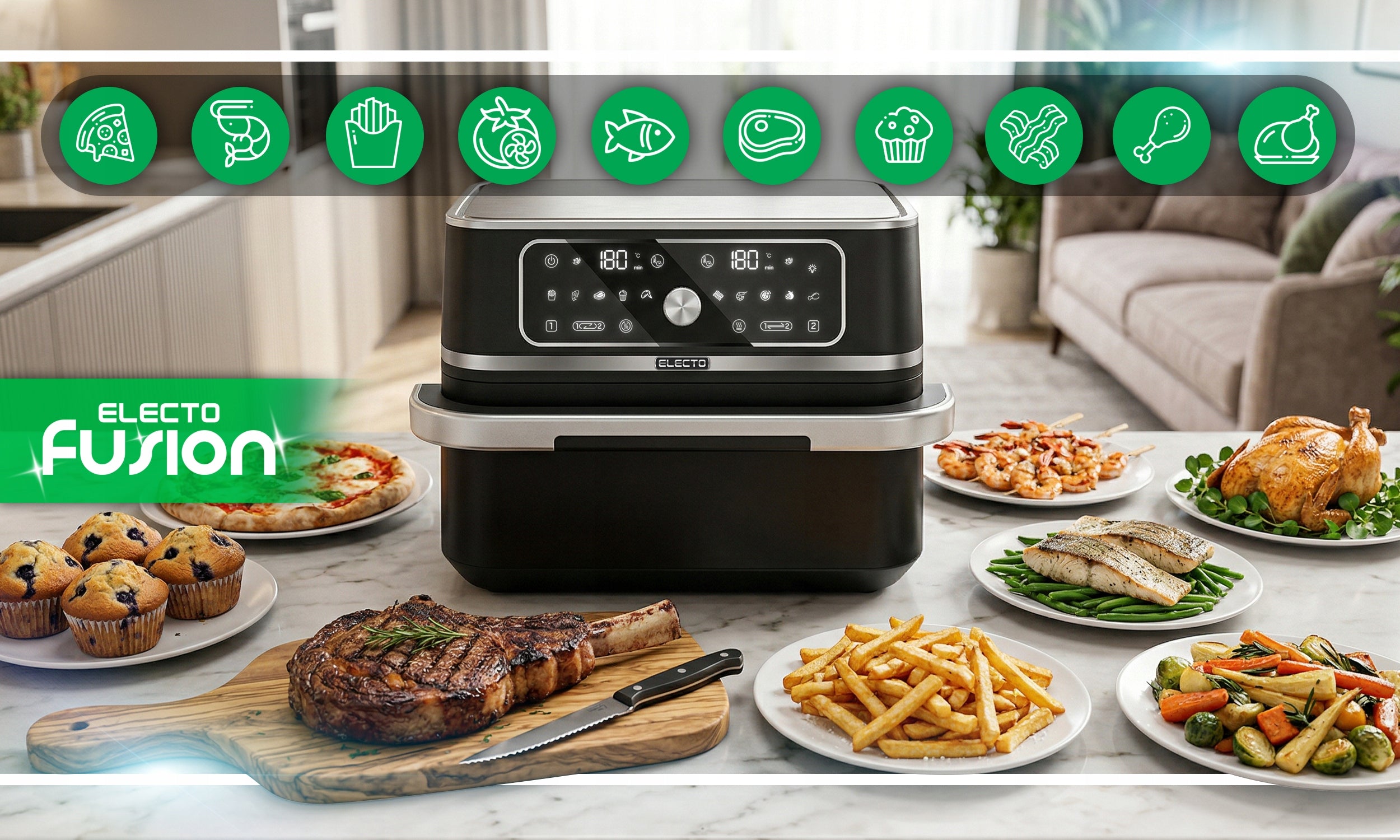FAT FREE AIR FRYER 3100w FRYER LARGE 10L 12 PROGRAMS Brand Electo