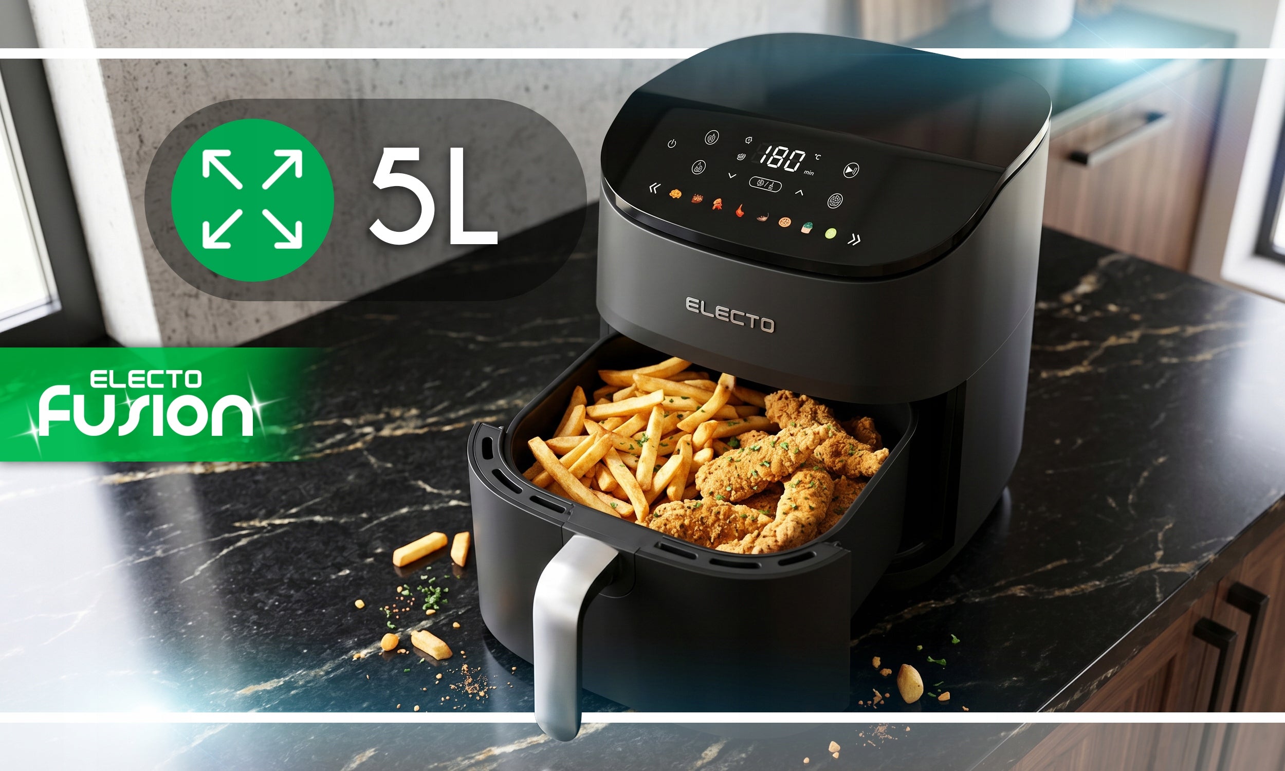 FAT FREE AIR FRYER 5L 1500W AIR FRYER 8 PROGRAMS BLACK Brand Electo