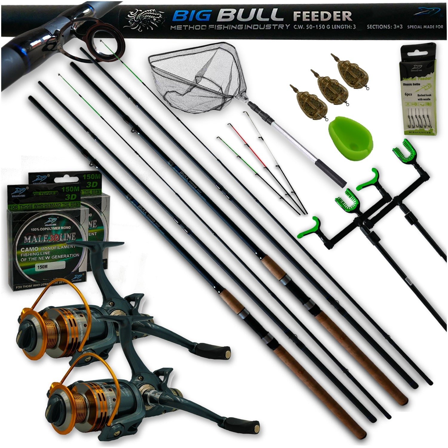 FEEDER SET METHOD FEEDER ROD 2X REEL 2X FISHING LINE 2X LANDING NET