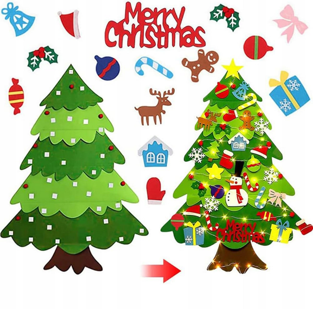 FELT CHRISTMAS TREE FOR CHILDREN 100CM 30 ORNAMENTS 50 LED VELCRO SANTA CLAUS Packaging status original
