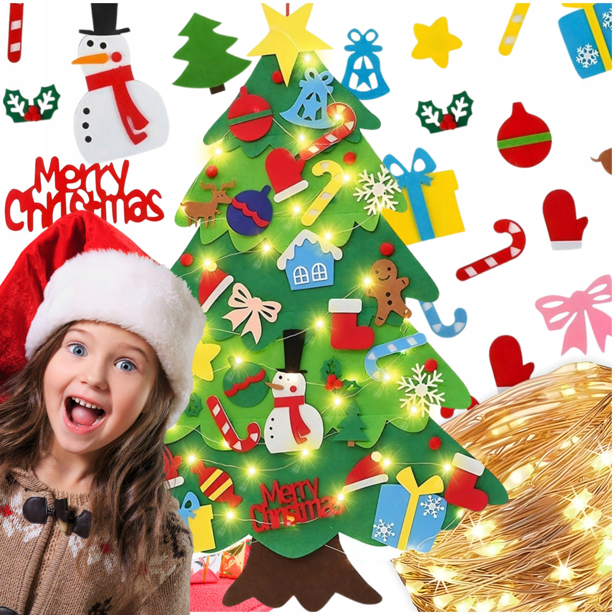 FELT CHRISTMAS TREE WITH VELCRO FELT CHRISTMAS TREE WITH ORNAMENTS FOR KIDS LED LIGHTS