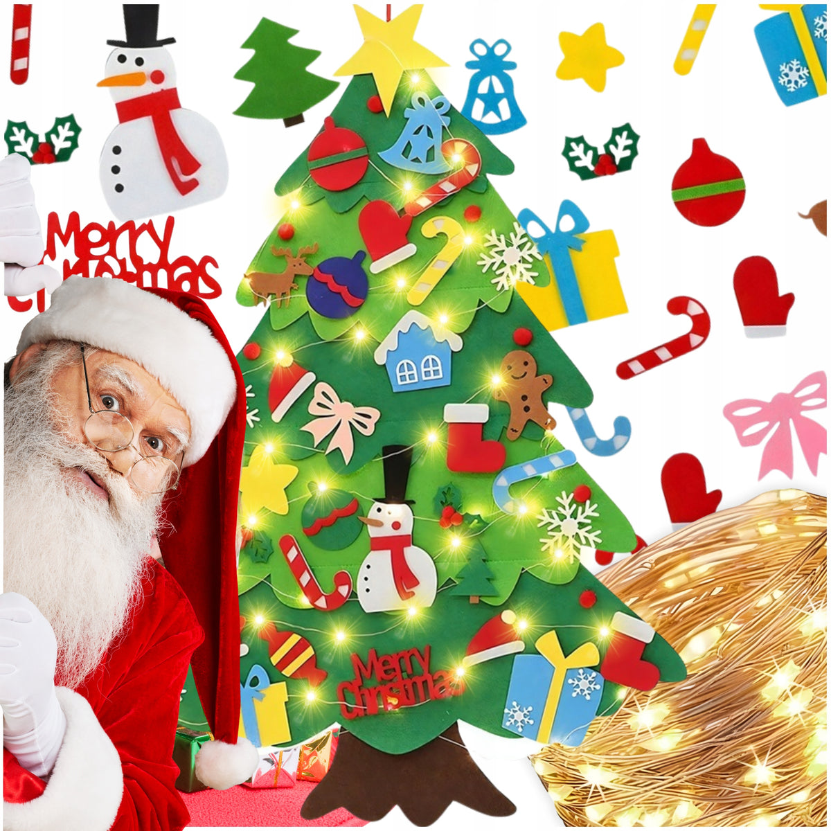FELT CHRISTMAS TREE WITH VELCRO ORNAMENTS FOR CHILDREN LED LIGHTS SANTA CLAUS GIFT