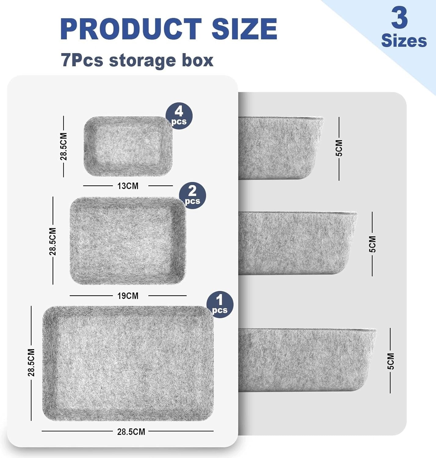FELT DRAWER ORGANIZER 7 PIECES SET LIGHT GREY STRONG Brand Lumie
