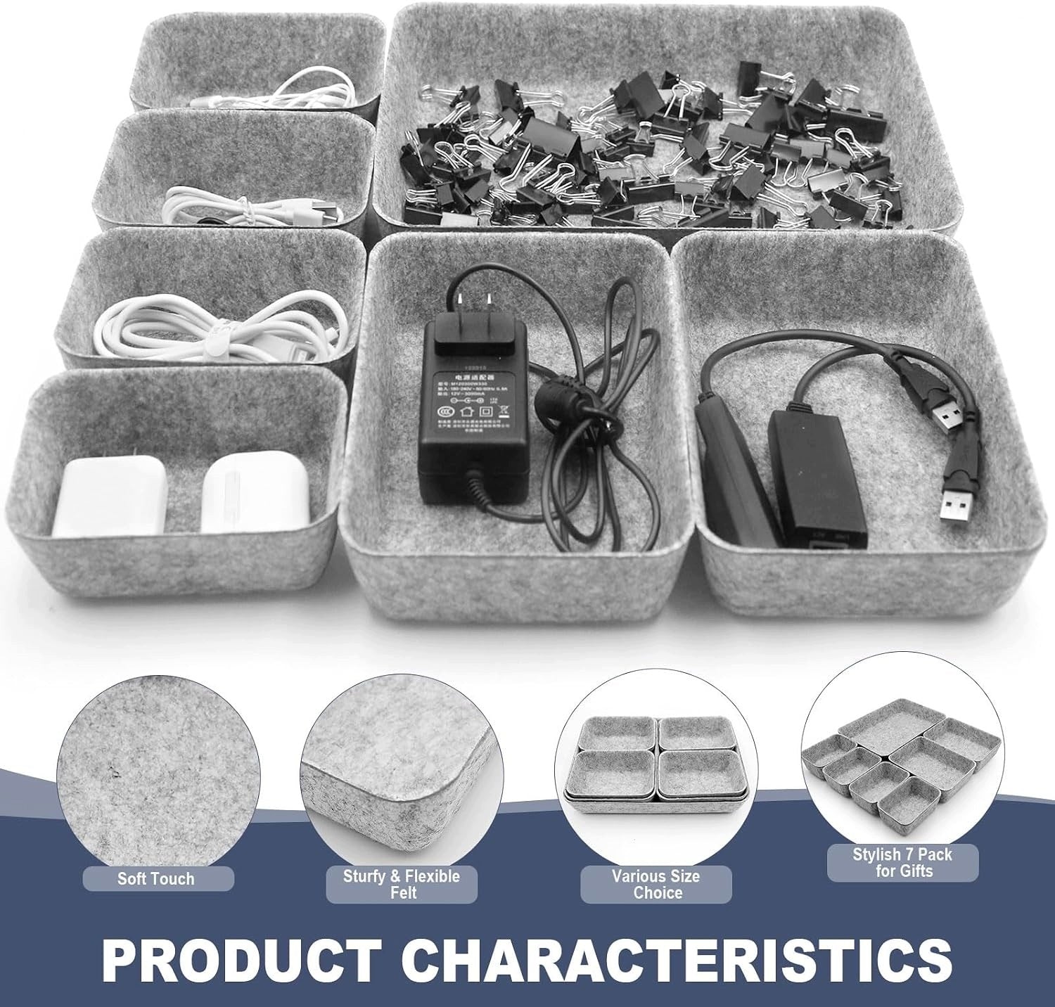 FELT DRAWER ORGANIZER 7 PIECES SET LIGHT GREY STRONG Manufacturer code 0602517079731