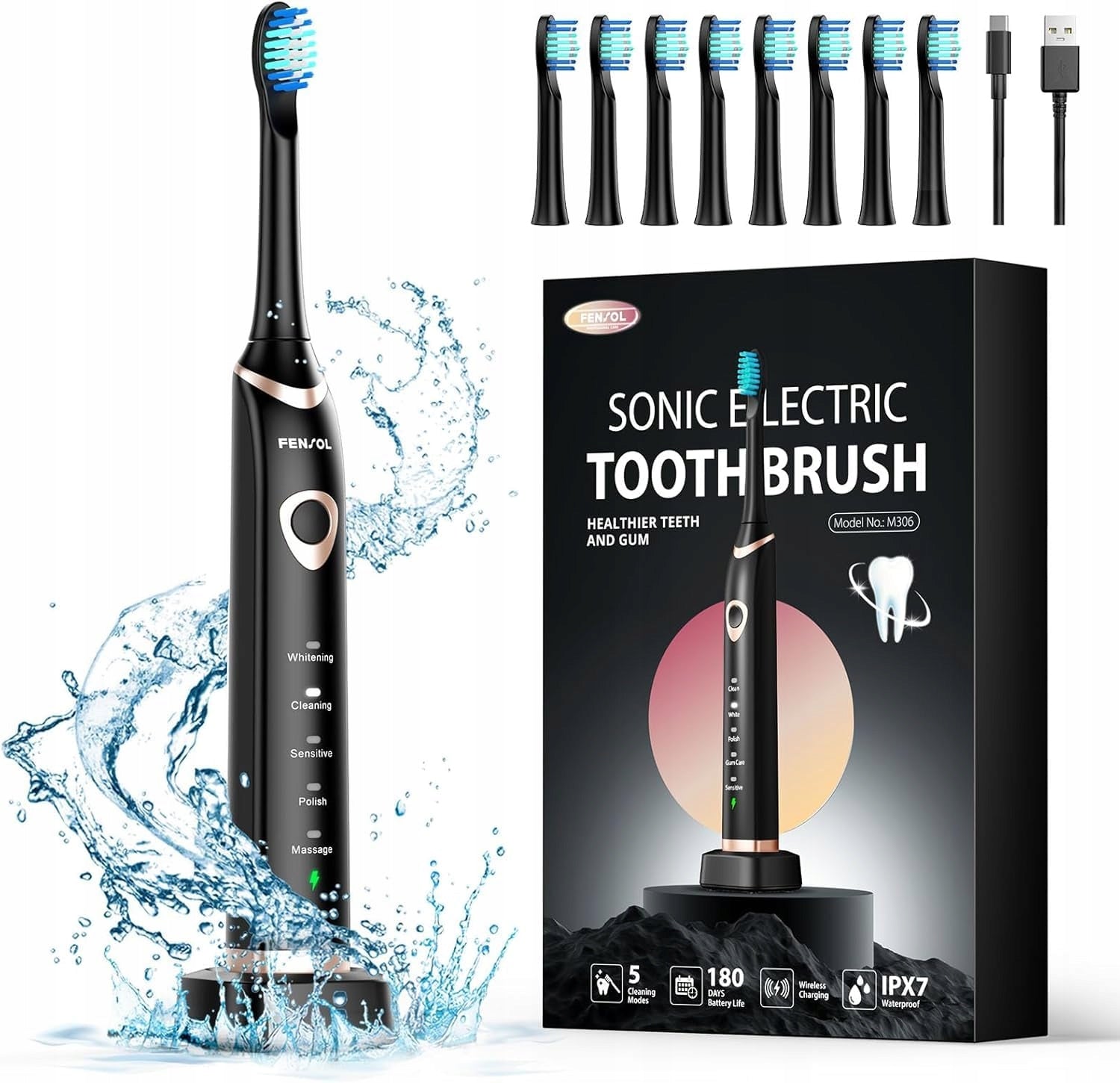 FENSOL Sonic Toothbrush 5 Modes 8 Interchangeable Heads IPX7 White Teeth