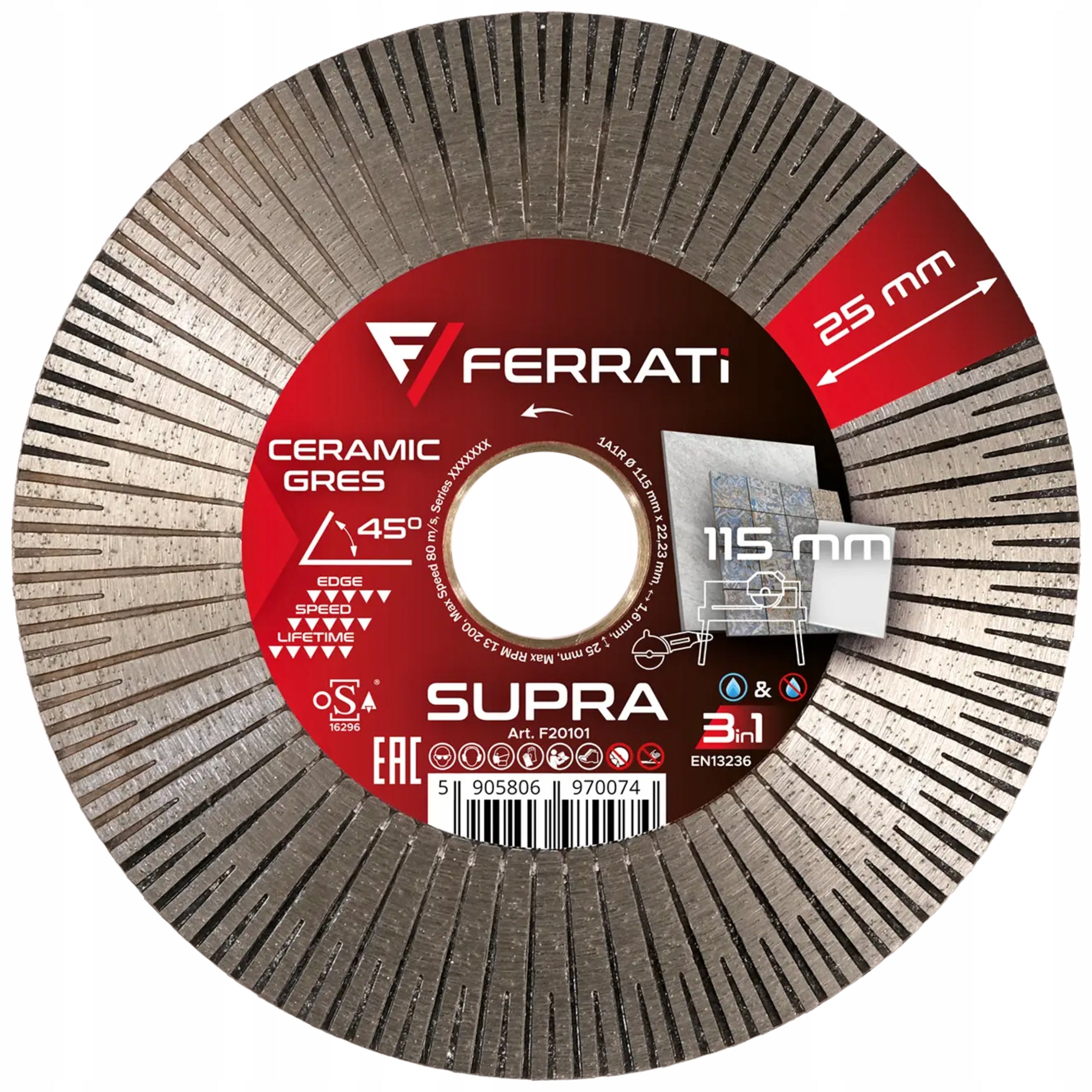 FERRATI SUPRA 115 x 22,23 mm - Diamond blade for cutting stoneware and ceramics