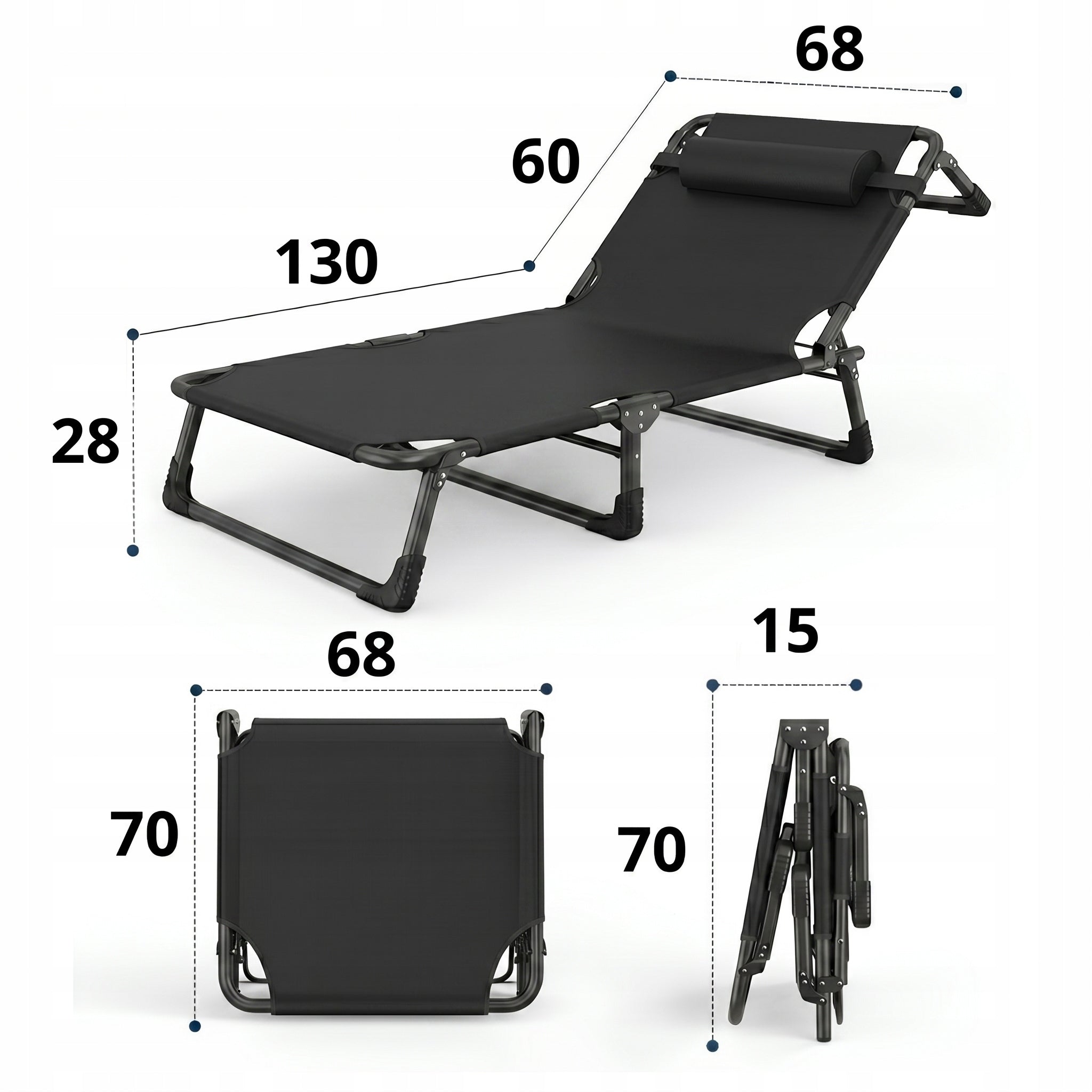FIELD HIKING BED WITH SOFT MATTRESS 6cm GARDEN LOUNGER FOLDING Color black