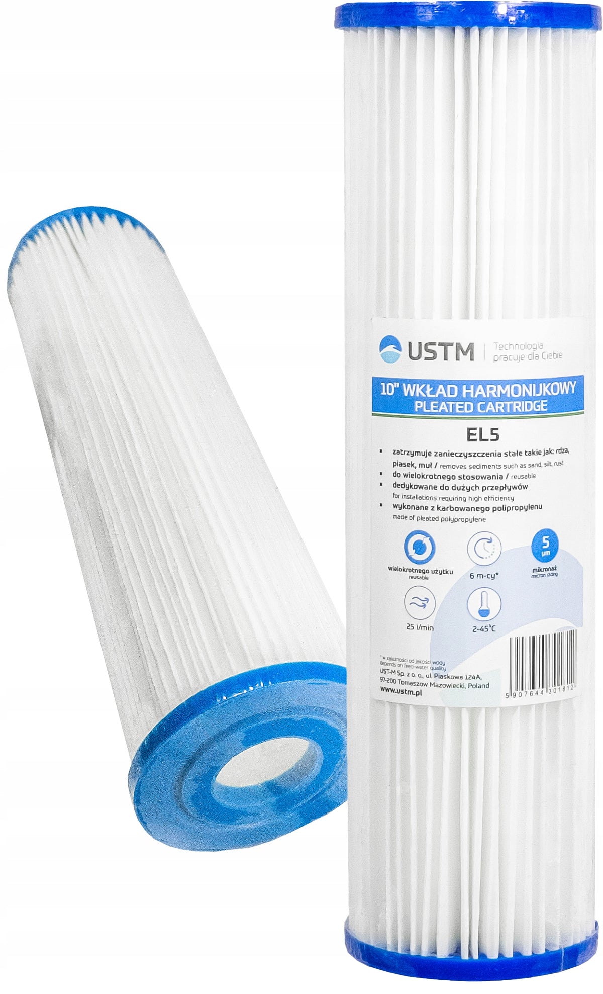 FILTER CARTRIDGE FOR WATER FOLDING 10"EL 5 MICRON REMOVES IMPURITIES USTM