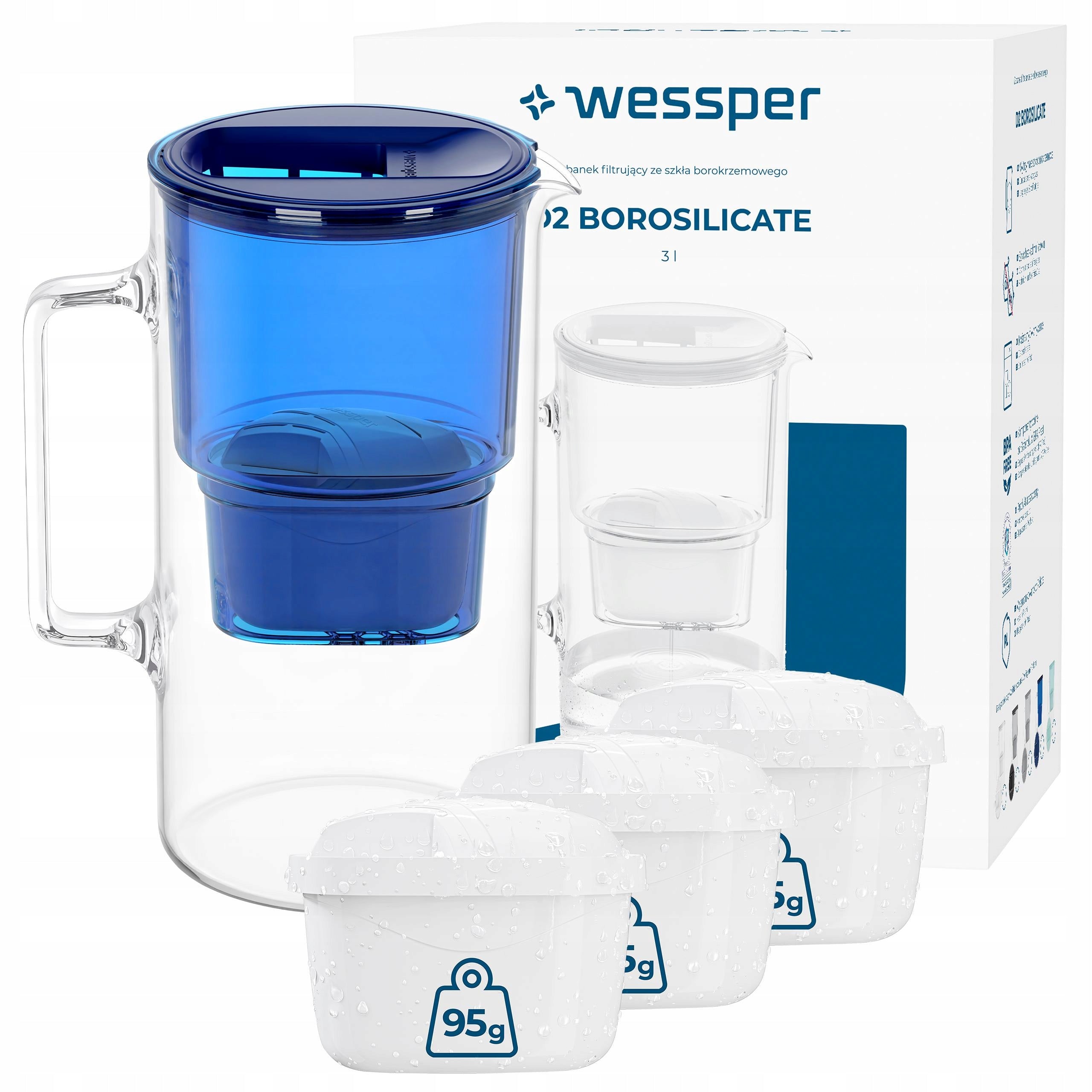 FILTER GLASS JUG WESSPER D2 BOROSILICATE 3l + 4 aquamax filter