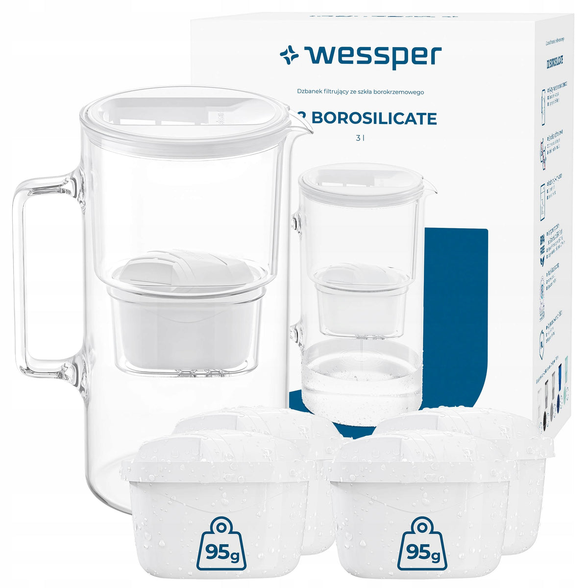 FILTER GLASS JUG WESSPER D2 BOROSILICATE 3l + 5x aquamax filter
