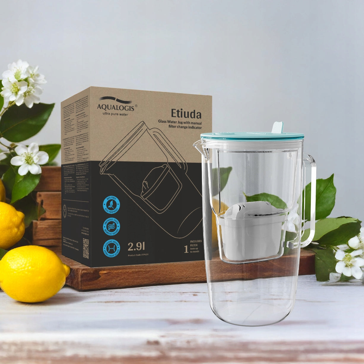 FILTER JUG GLASS WATER FILTERS Etude AQUALOGIS + 3 Pure+ cartridges Packaging status original