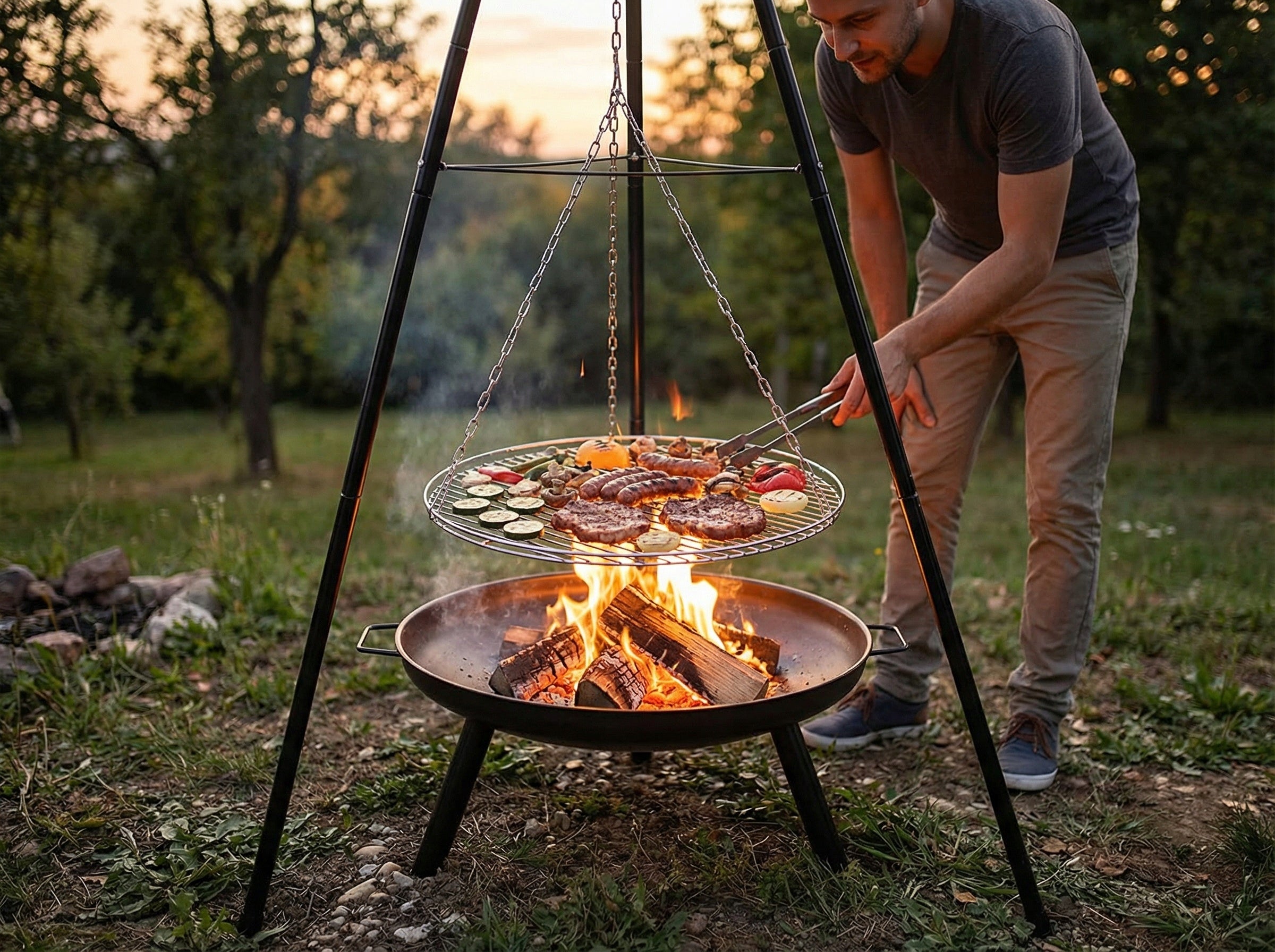FIRE PIT TRIPOD GARDEN GRILL FOCAL HANGING LARGE CHARCOAL GRATE 48 CM Grill height 154 cm