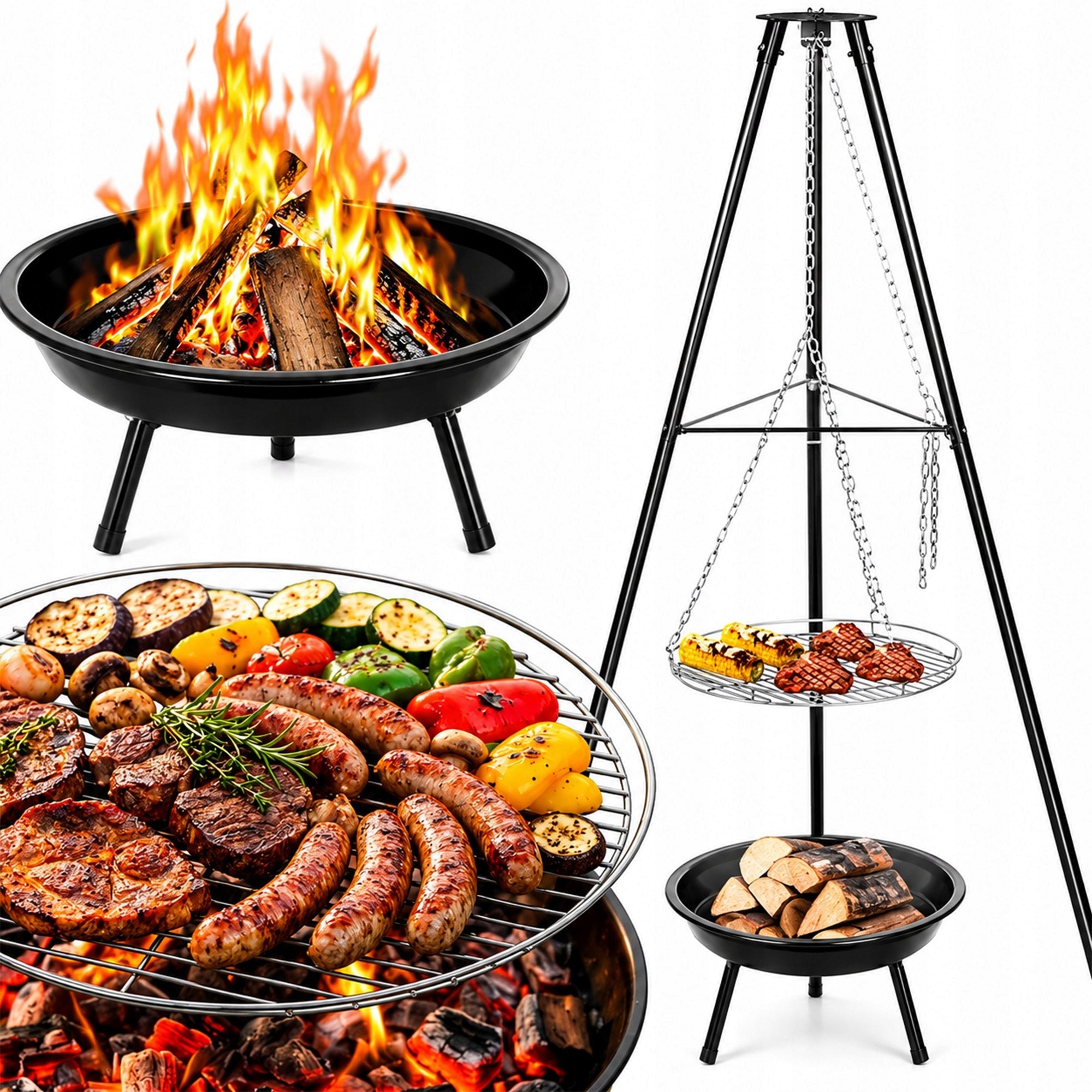 FIREPLACE GARDEN GRILL FIREPLACE TRIPOD WITH GRATE 50CM HANGING LARGE 150CM