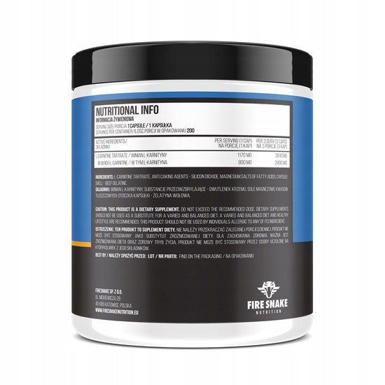 FIRESNAKE L-CARNITINE 200 KAPS 1170mg L-CARNITINE FORTE FAT BURNER EAN (GTIN) 5903268537378