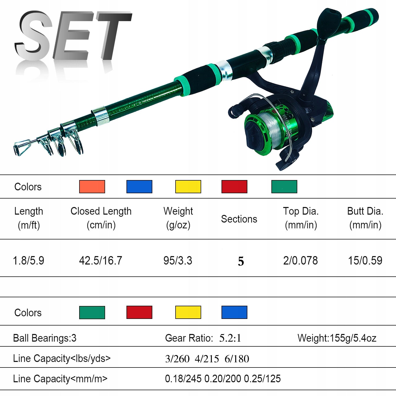 FISHING ROD 1.8m SET BAIT REEL FOR KIDS Number of items in the set 42