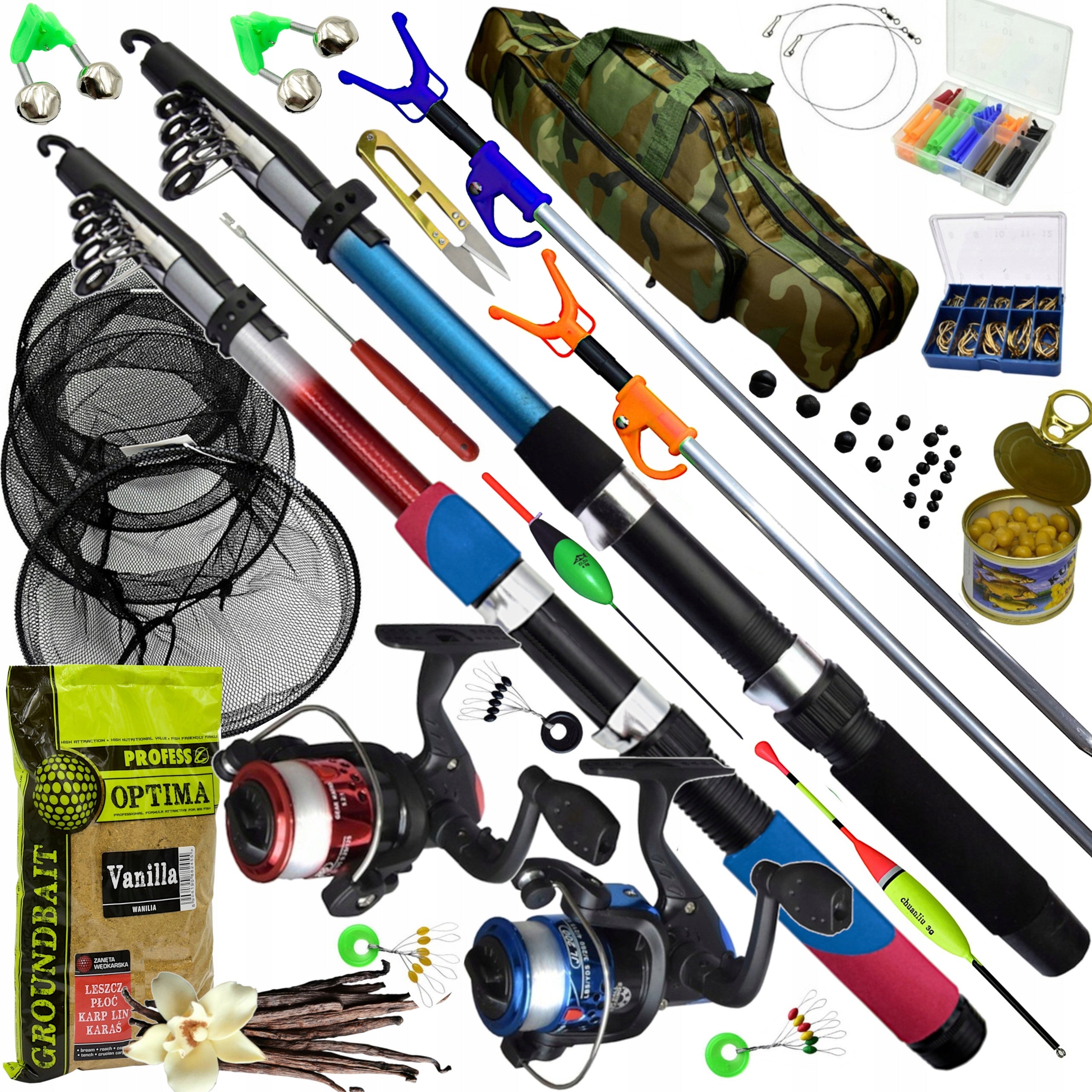 FISHING SET 2x Fishing Rod 2x Reel BAG Mesh Support Lures Accessories