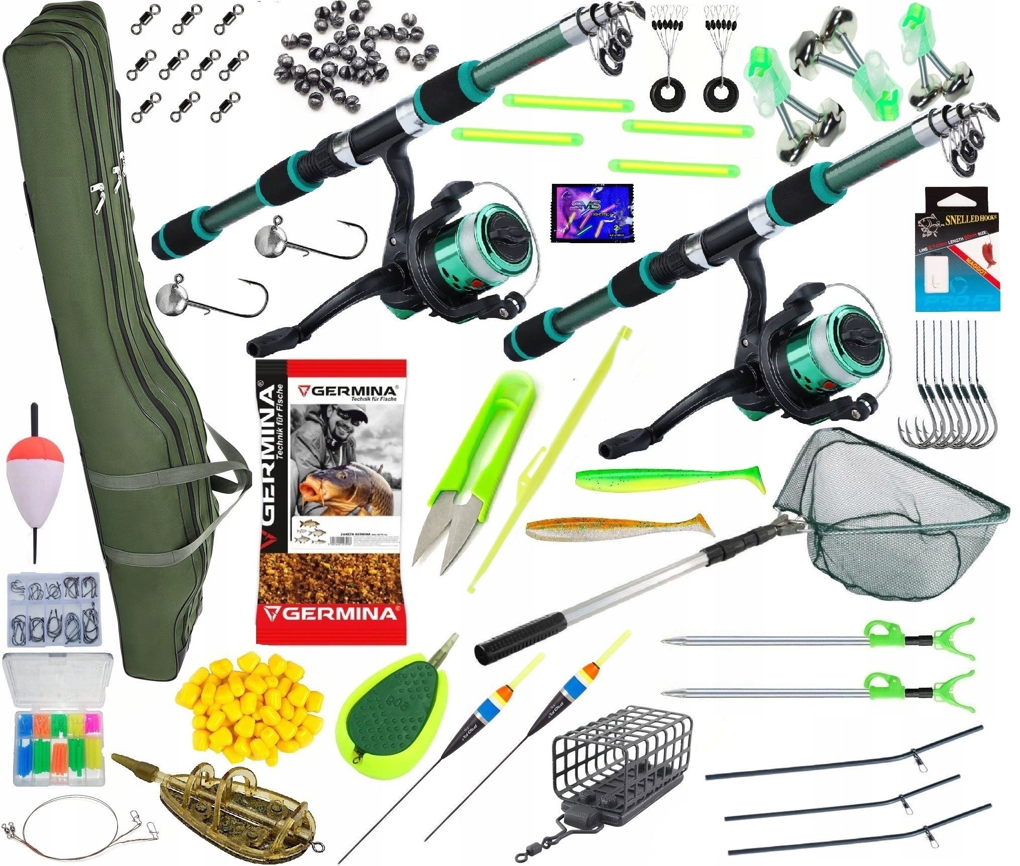 FISHING SET READY FOR FISH LANDING NET FISHING ROD X2 REEL X2 COVER