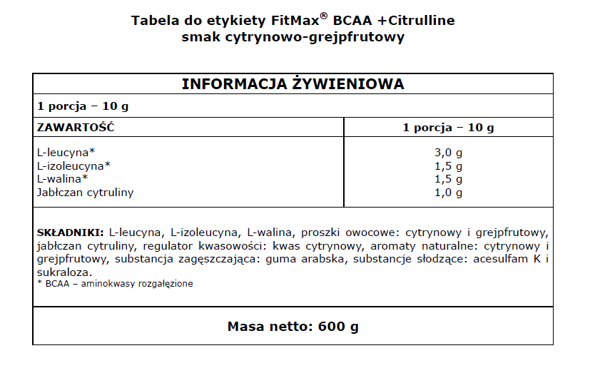 FITMAX BCAA + CITRULLINE 600G WATERMELON BRANCHED CHAIN AMINO ACIDS CITRULLINE Manufacturer code 5902385242158