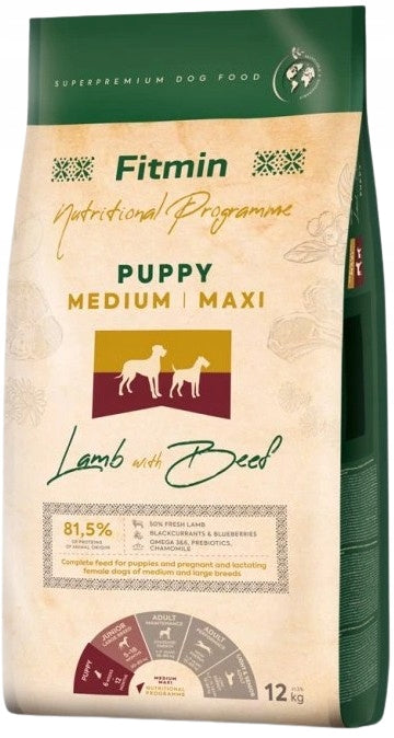 FITMIN PUPPY MEDIUM MAXI puppy dog food LAMB BEEF 12 kg