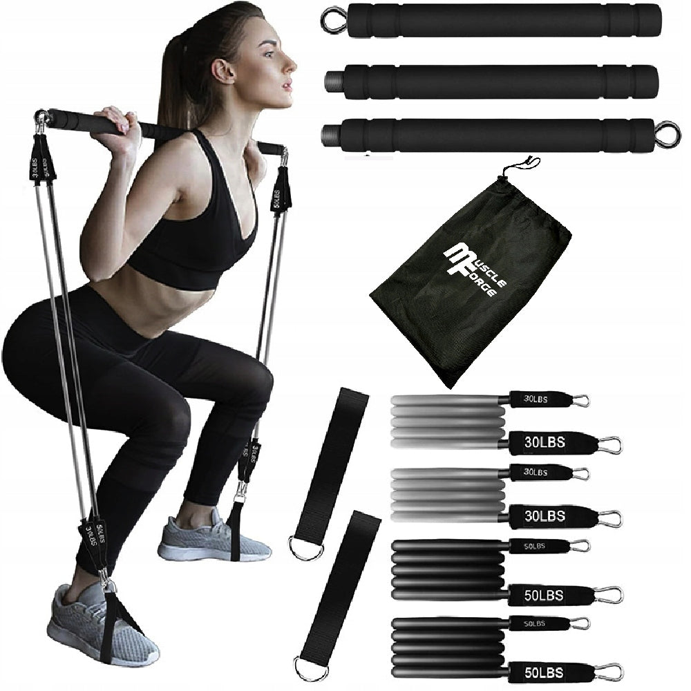 FITNESS EXERCISE BAR PILATES BAR + 4 RESISTANCE RUBBERS MuscleForge