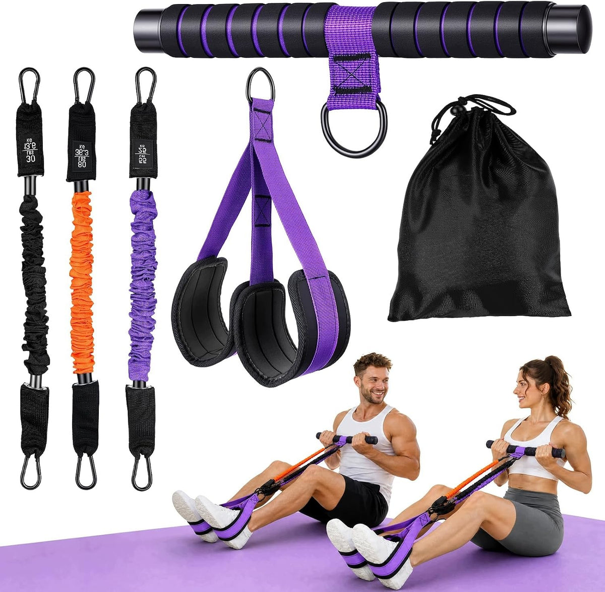FITNESS RUBBER PEDAL RESISTANCE TAPE 3 LEVELS HANDLES EXERCISE SET