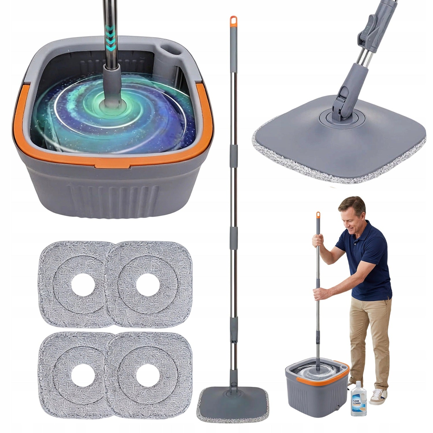 FLAT CHAMBER MOP COMPACT BEST SEPARATION CLEAN DIRTY WATER 4 CARTRIDGES