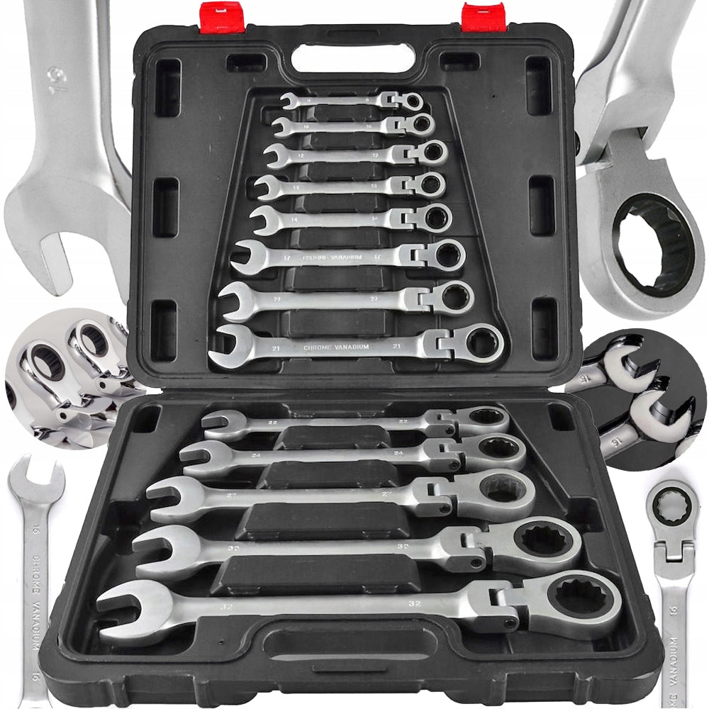 FLAT EYE WRENCHES WITH RATCHET BROKEN 8-32mm SET OF KEYS 13el suitcase