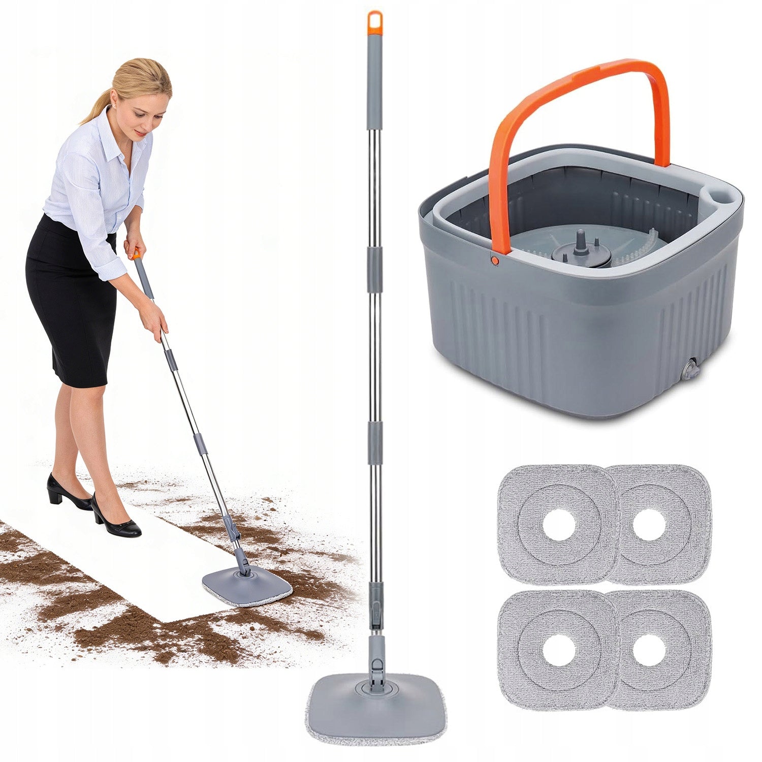 FLAT MOP ROTARY TELESCOPIC MICROFIBER 4 CLOTHS GREY FOR WINDOW FLOOR