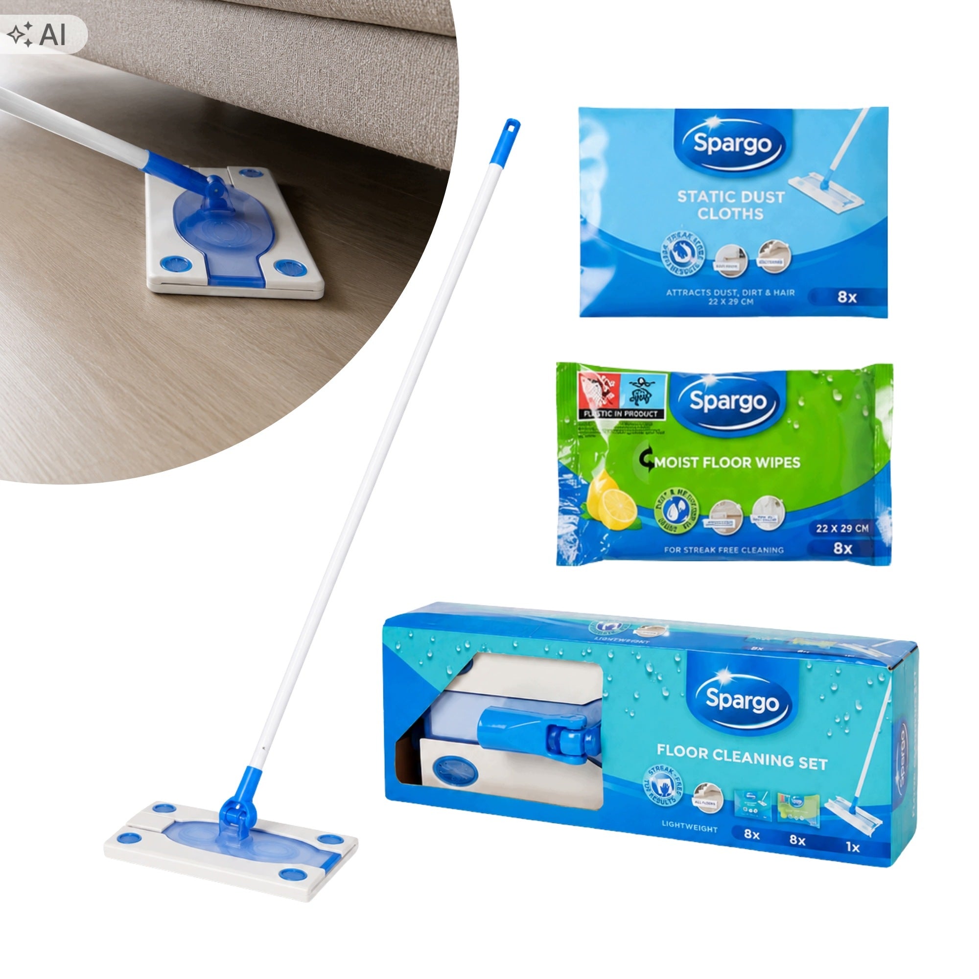 FLAT MOP SPARGO with replaceable cloths 8 wet and 8 dry