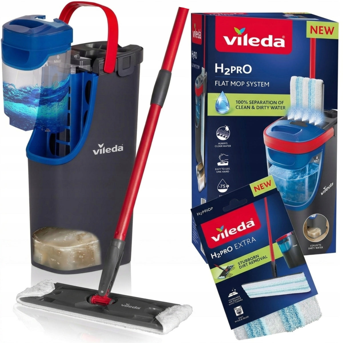 FLAT MOP VILEDA NEW VERSION H2PRO FOR LARGE SET WITH BUCKET AND CARTRIDGE