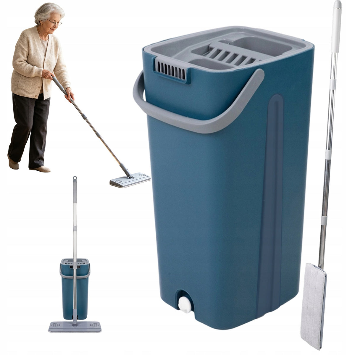 FLAT MOP WITH BUCKET MICROFIBER SET FOR CLEANING WINDOWS AND WALLS FLOORS