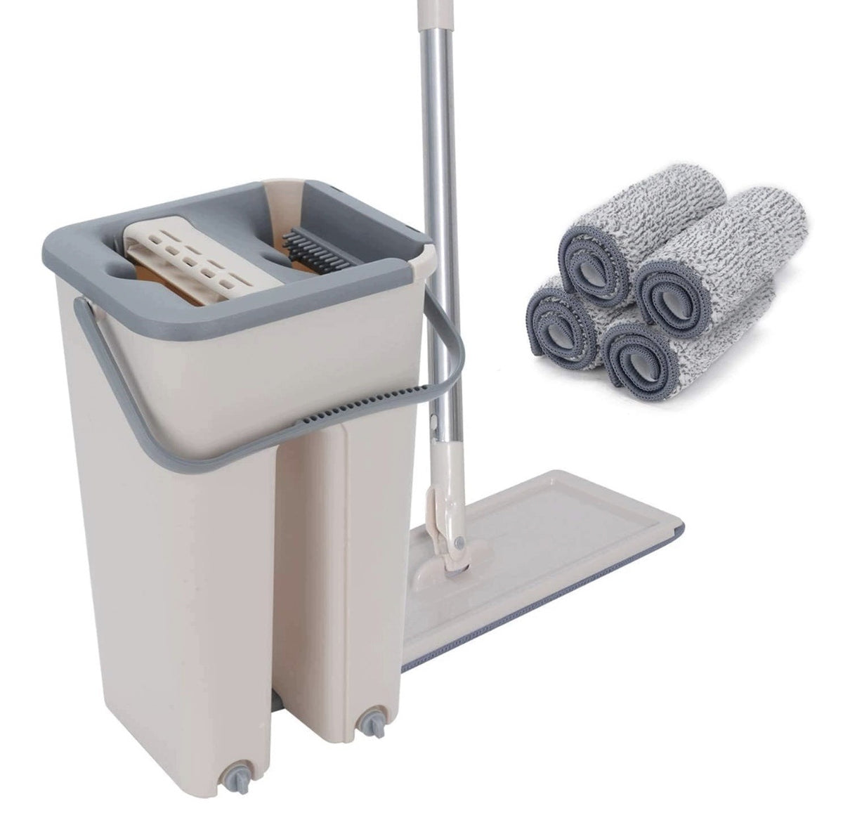 FLAT MOP WITH BUCKET SQUEEZER 2 CHAMBERS + 3 MICROFIBER CARTRIDGES