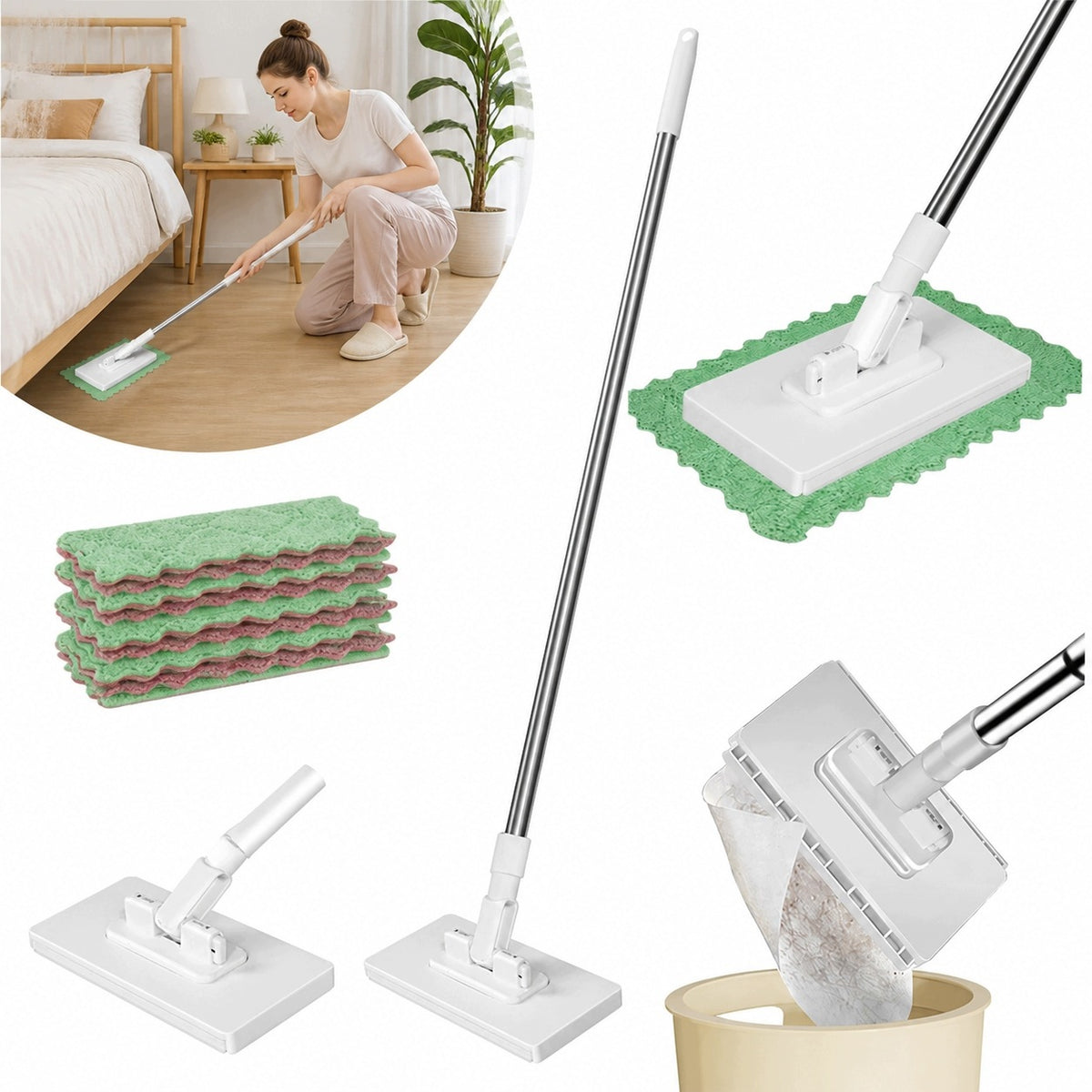 FLAT MOP WITH CLAMP, 4+10 REUSABLE MICROFIBER CLOTHS, HANDS-FREE