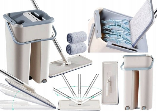 FLAT MOP WITH SQUEEZER AND TWO-CHAMBER BUCKET + 2 microfiber cartridges