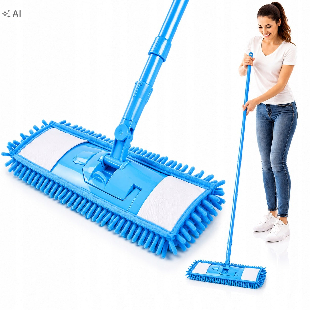FLAT MOP WITH TELESCOPIC POLE MICROFIBER OVERLAY REPLACEABLE PADS